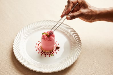 Strawberry & basil charlotte Lemon madeline, pistachio base, strawberry and basil confit, caramelised pistachio, fresh strawberry 2 (8) (1)